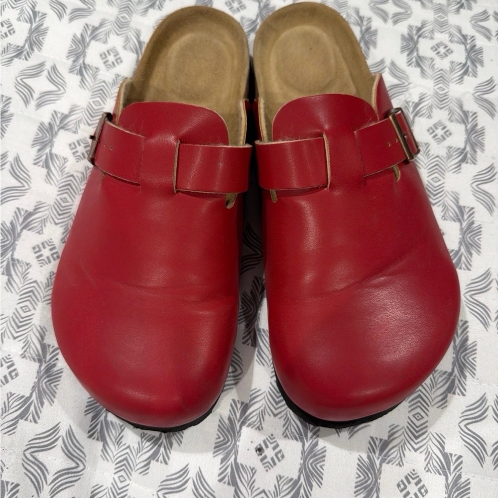 Women's Red Leather Slip-On Clog with Buckle Accent
